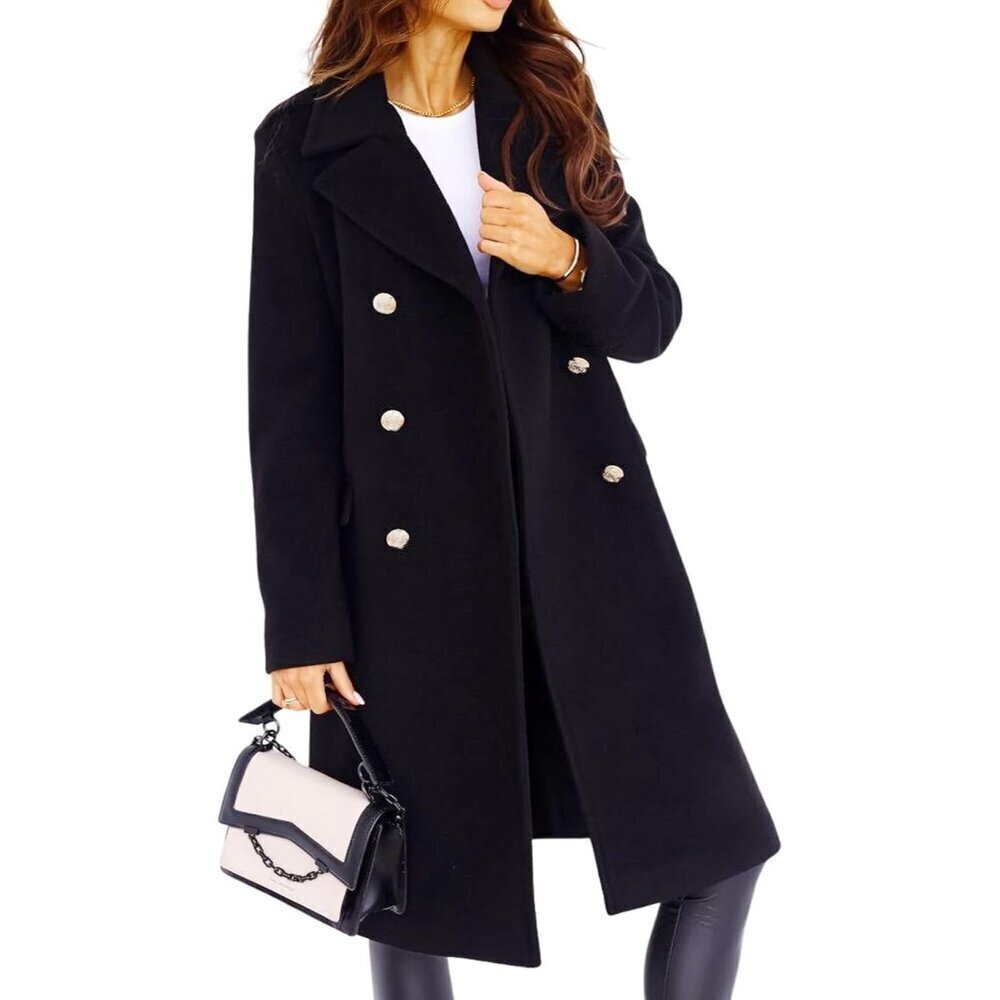 🆕Women's Black Winter Jacket Double-Breasted Wool Blend Warm Long Trench Coat